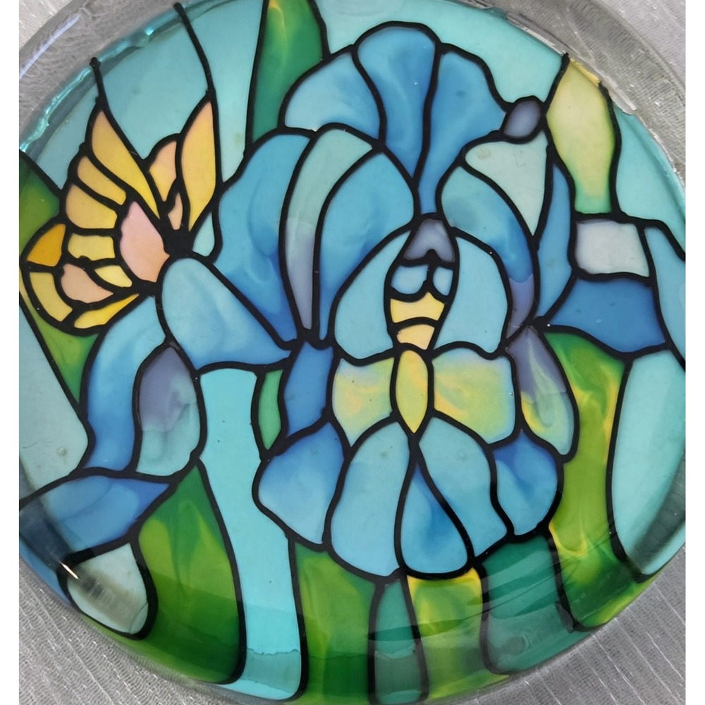 Joan Baker Designs Blue Iris Butterfly Handpainted Stained Glass Paperweight - Picture 2 of 5